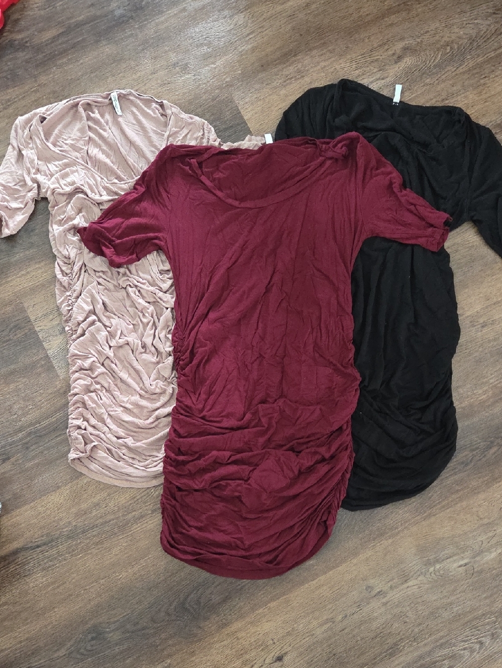 Mother Bee Maternity Ruched Maternity Dresses in Wine, Blush, and Black